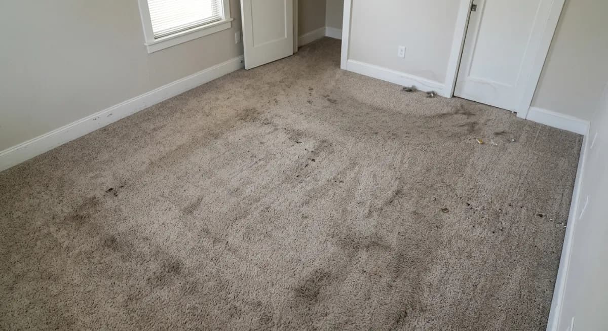 London living-room carpet before professional hot-water extraction, showing heavy traffic-lane soiling and flattened pile