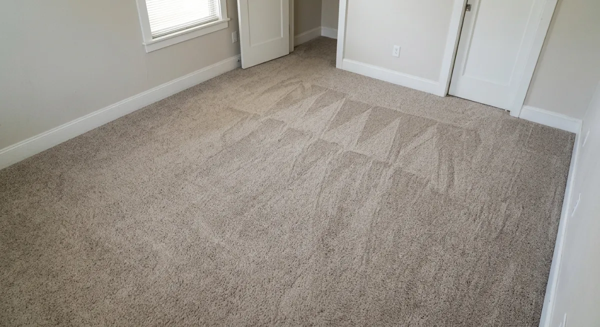 Same living room carpet after hot-water extraction — colours restored, stains removed, pile lifted and groomed