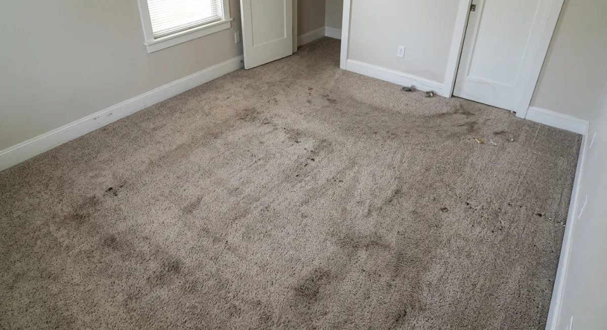 Living room carpet before professional hot-water extraction — showing visible stains, traffic-lane soiling, and dull pile